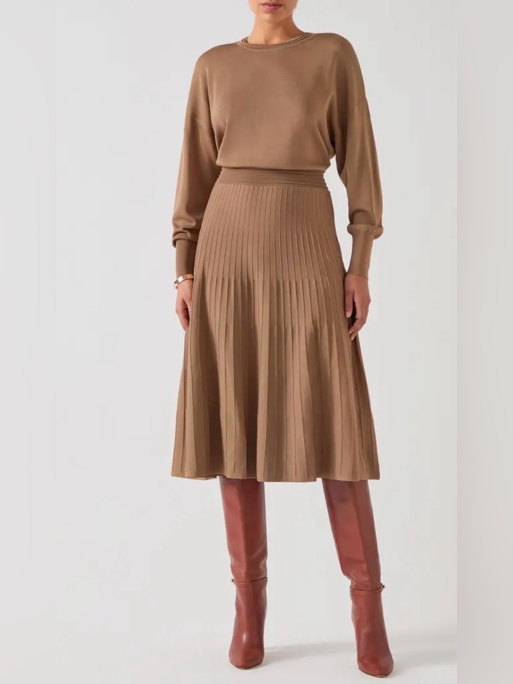 LK Bennett Blakely Long Sleeve Sweater Dress in tan pleated size small.